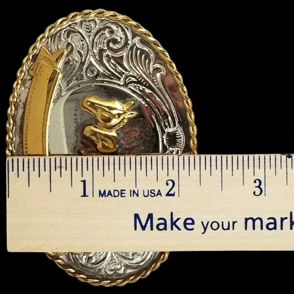 Western‎ Belt Buckle German Silver Engraved Three Horses Gold Banner USA Made